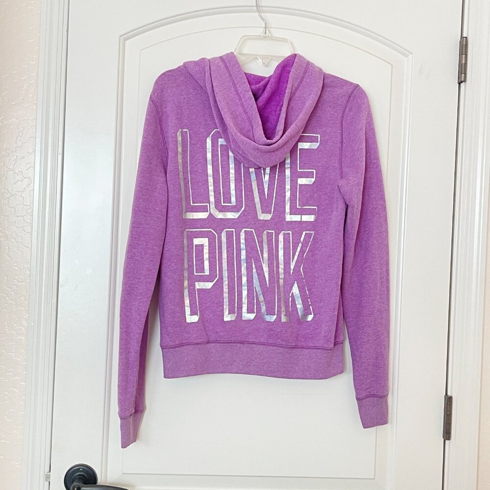 Victoria's Secret Hoodie Love Pink Full Zip Sweatshirt Purple Silver Medium